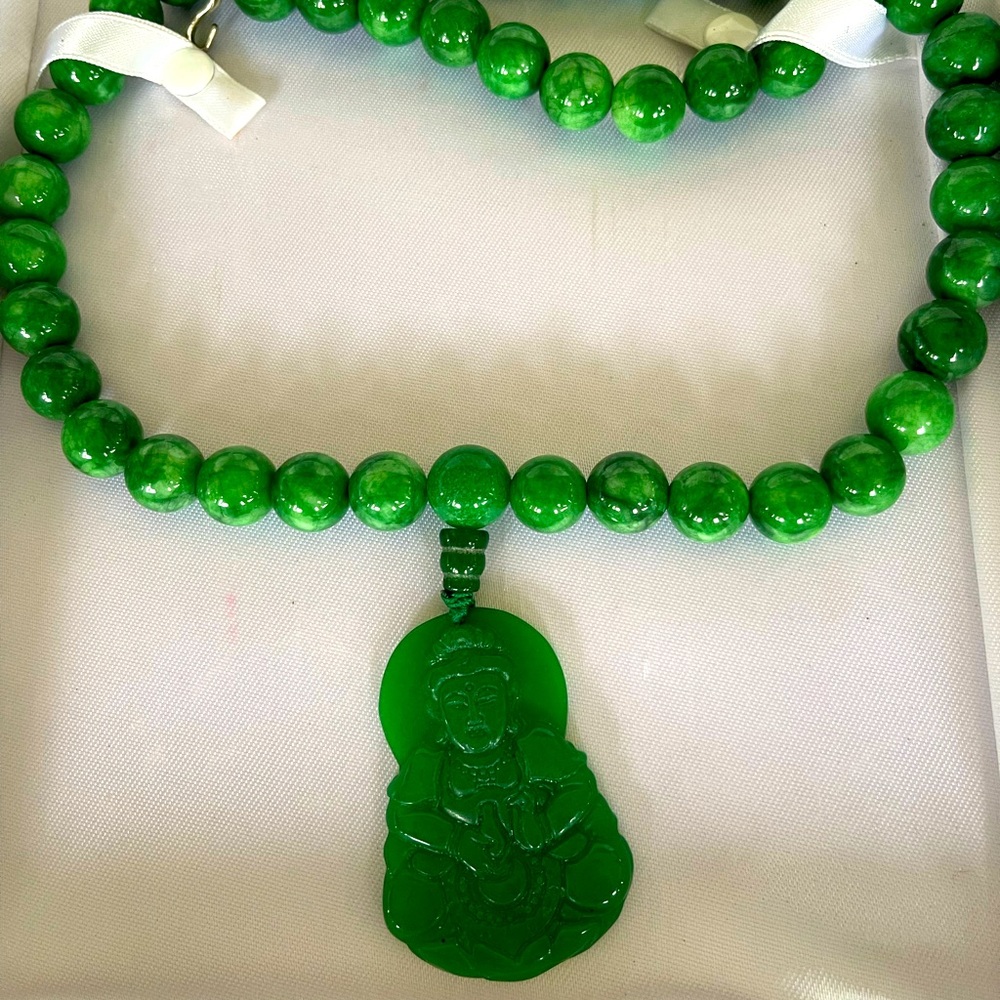 Custom Jade Bead Necklace with Curved Buddha Pendant 18”